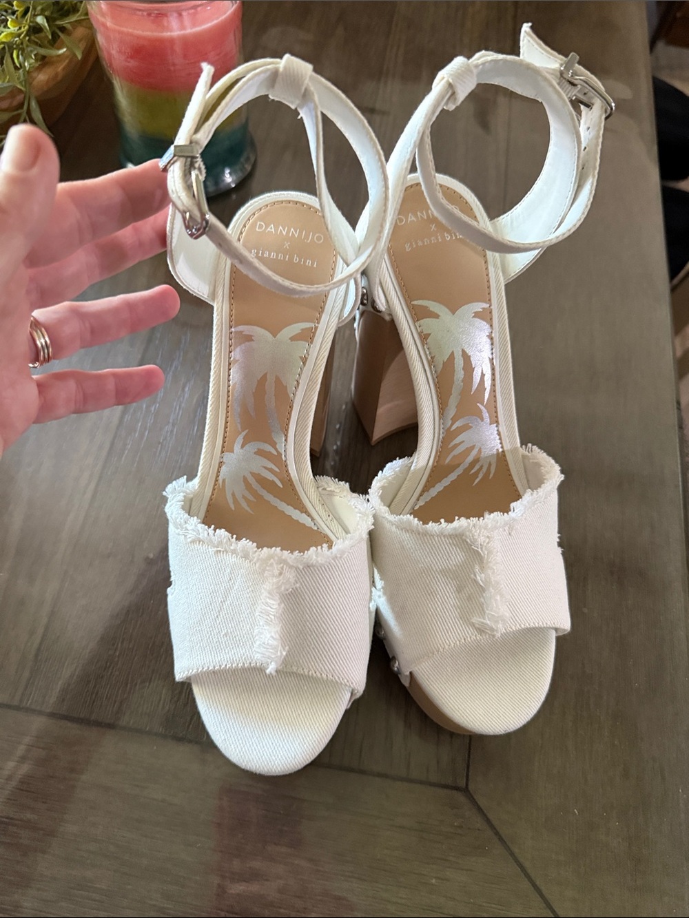 Dannijo White Frayed Canvas Ankle-Strap Heels by Gianni Bini